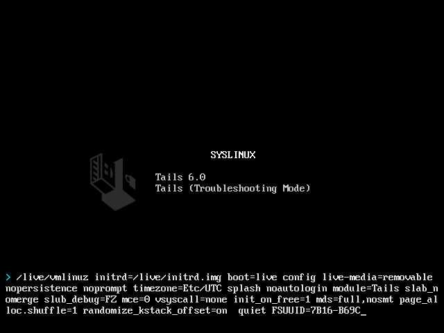 SYSLINUX with
a list of options starting with '/live/vmlinuz' at the bottom