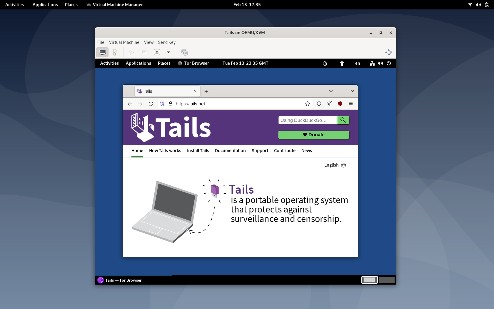 Tails desktop in a window on a Debian desktop