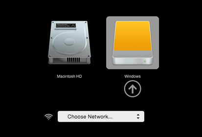 Écran avec
le logo d'un disque dur interne nommé 'Macintosh HD' et un disque dur
externe nommé 'Windows' (sélectionné)