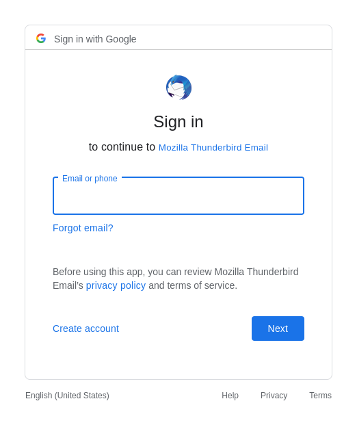Gmail: Sign in to continue
to Mozilla Thunderbird