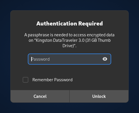 Authentication Required. A
passphrase is needed to access encrypted data.