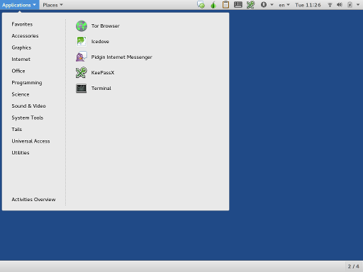 Tails 2.0 desktop with applications menu unfolded
