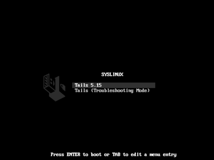 Chargeur d'amorçage SYSLINUX affichant 'Tails 5.15.1'