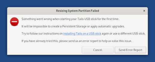 Error message: Resizing System Partition Failed - It will be impossible to create a Persistent Storage or apply automatic upgrades.