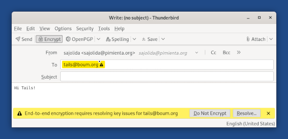 Finestra del compositor de Thunderbird amb l'encriptatge activat i una notificació sobre una clau que falta i com resoldre el problema.